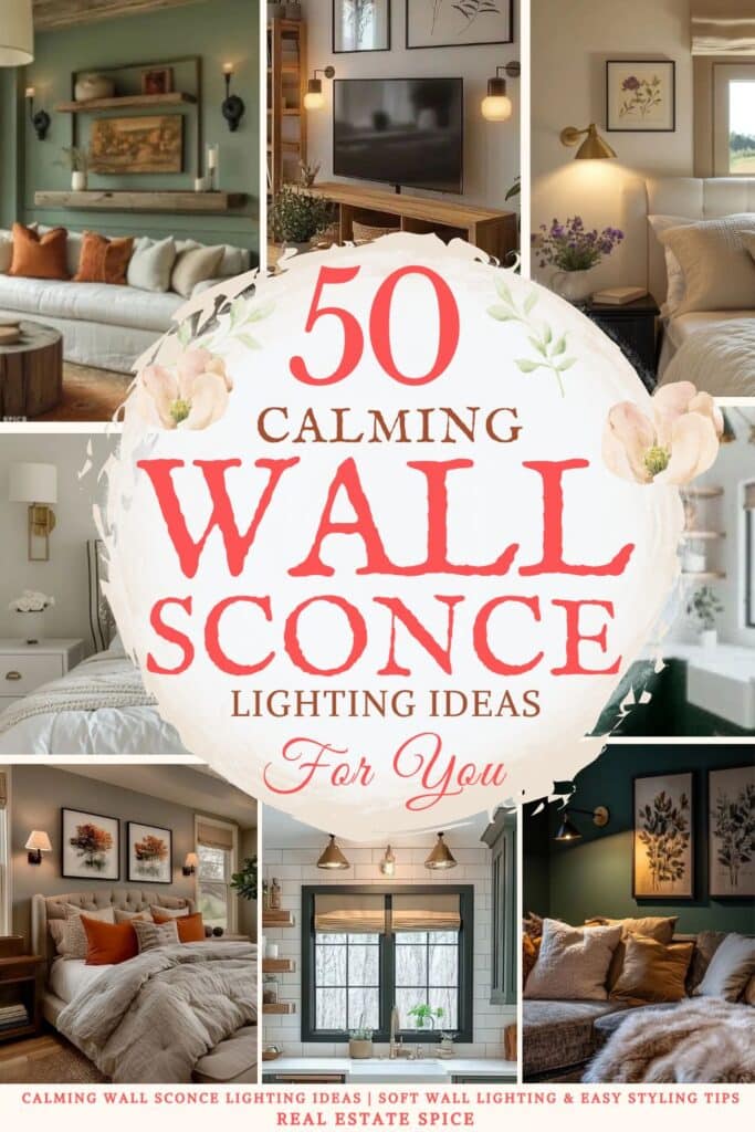 says 50 calming wall sconce lighting ideas for you with 8 photos of homes with wall sconces living room bedroom kitchen below says Calming Wall Sconce Lighting Ideas | Soft Wall Lighting & Easy Styling Tips