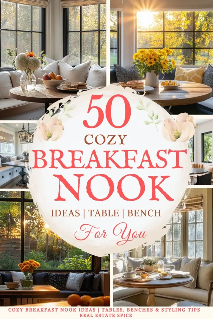 says 50 cozy breakfast nook ideas table bench for you with 4 photos of breakfast nooks below says Cozy Breakfast Nook Ideas Tables, Benches & Styling Tips