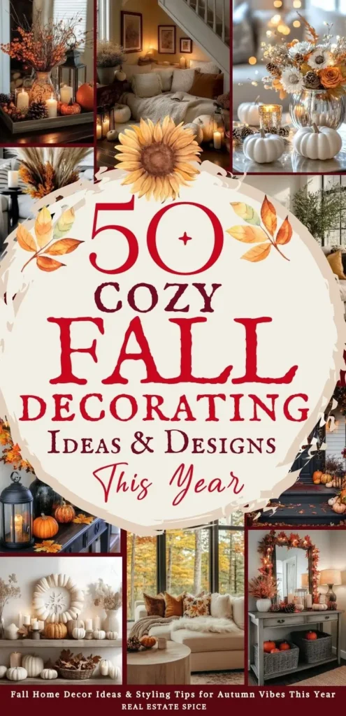 says 50 cozy fall decorating ideas and designs this year with 7 photos of fall home decorating below says Fall Home Decor Ideas & Styling Tips for Autumn Vibes This Year