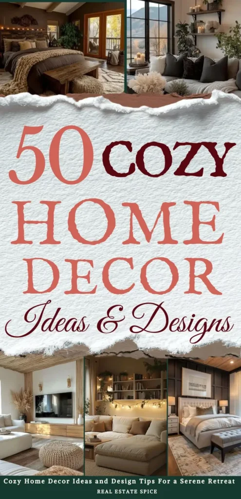 says 50 cozy home decor ideas and designs with 4 photos of homes with cozy decor cozy living rooms cozy bedrooms below says Cozy Home Decor Ideas and Design Tips For a Serene Retreat