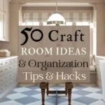 says 50 craft room ideas and organization tips and hacks with photo of a craft room below says the craft room decor guide and organization tips for you