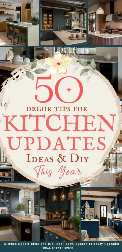 says 50 decor tips for kitchen updates ideas and diy this year with 6 photos of kitchens with updates below says Kitchen Update Ideas and DIY Tips Easy, Budget Friendly Upgrades