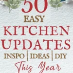 says 50 easy kitchen updates inspo ideas diy this year with 6 photos of kitchens below says Easy Kitchen Updates This Year DIY Inspo, Cabinets, Lighting, Island & Decor Tips