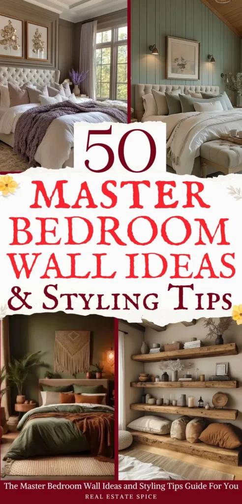 says 50 master bedroom wall ideas and styling tips with 4 photos of master bedrooms with wall art floating shelves wall designs below says the master bedroom wall ideas and styling tips guide for you