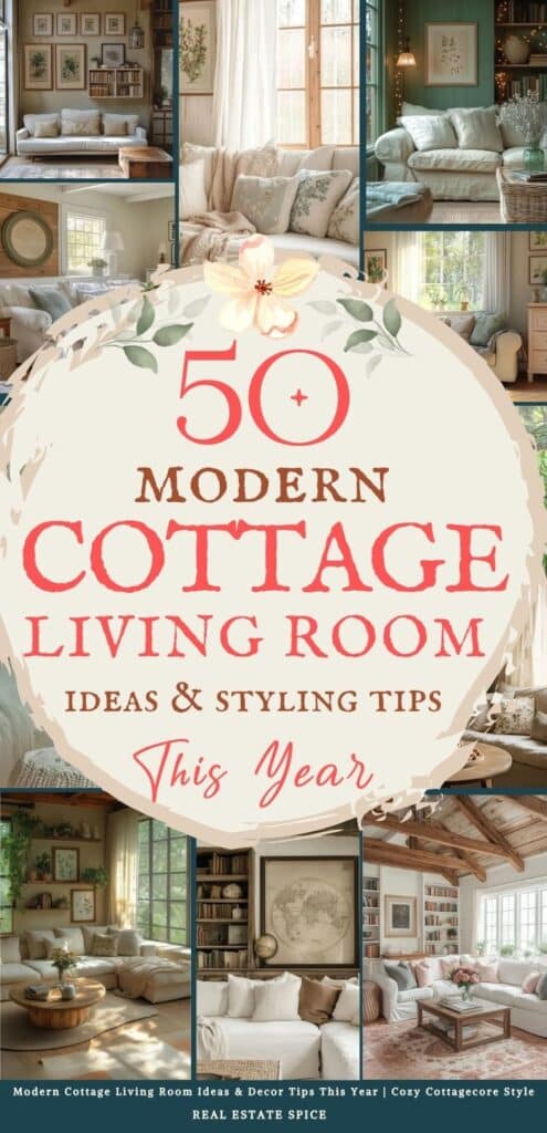 says 50 modern cottage living room ideas and styling tips this year with 7 photos of cottage living rooms below says 50 Modern Cottage Living Room Ideas & Decor Tips This Year | Cozy Cottagecore Style