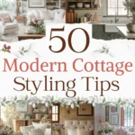 says 50 modern cottage styling tips with 5 photos of cottage living rooms bedrooms kitchen below says your beautiful cottage decorating ideas guide