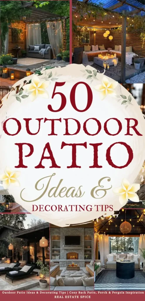 says 50 outdoor patio ideas and decorating tips with 5 photos of outdoor patios below says Outdoor Patio Ideas & Decorating Tips Cozy Back Patio, Porch & Pergola Inspiration