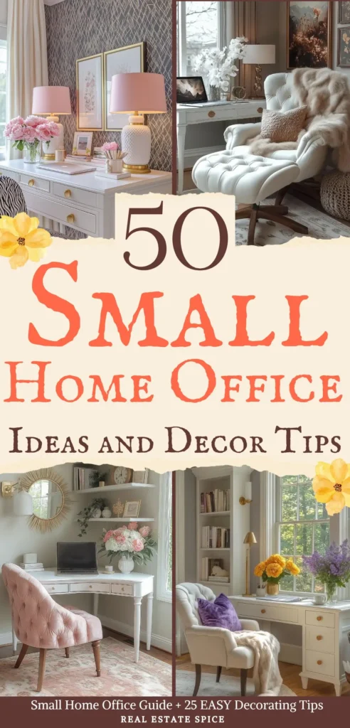 says 50 small home office ideas and decor tips with 4 photos of small home work areas and small office ideas desks chairs organizer bins shelves below says small home office guide plus 25 easy decorating tips