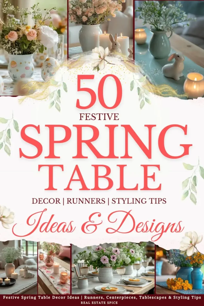 says 50 spring table decor runners styling tips ideas and designs with 7 photos of spring tables below says Festive Spring Table Decor Ideas Runners, Centerpieces, Tablescapes & Styling Tips