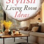 says 50 stylish living room ideas with a cozy living room sofa table pouf below says home ideas made easy