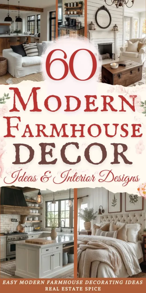says 60 modern farmhouse decor ideas and interior designs with 5 photos of modern farmhouse kitchen living room bedroom below says easy modern farmhouse decorating ideas