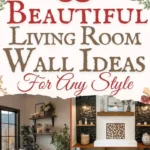 says 65 beautiful living room wall ideas for any style with 5 photos of living rooms with wall designs below says beautiful living room wall design ideas for you