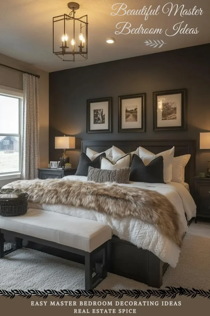 says beautiful master bedroom ideas with master bedroom with 3 piece wall art above the bed throw pillows on the bed fur throw bench table lamps and nightstands below says easy master bedroom decorating ideas