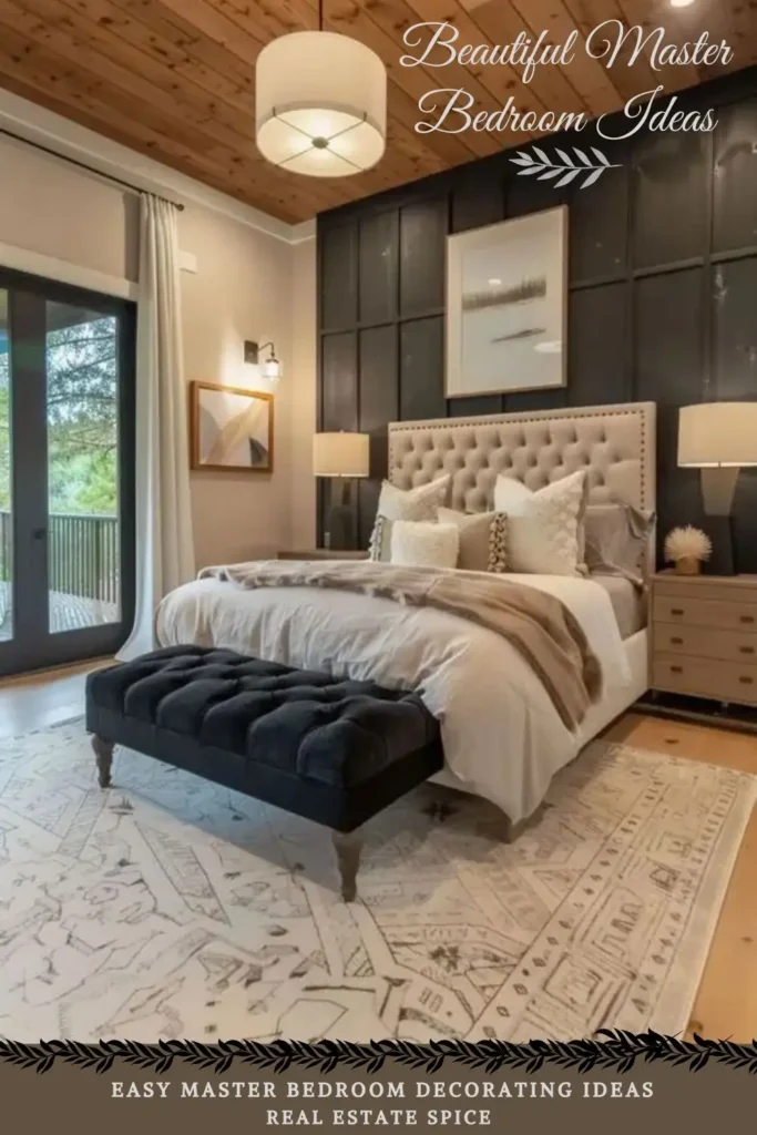 says beautiful master bedroom ideas with master bedroom with 3 piece wall art above the bed throw pillows on the bed fur throw bench table lamps and nightstands black bench board and batten wall below says easy master bedroom decorating ideas