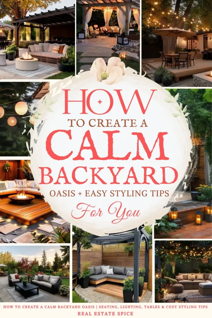 says how to create a calm backyard oasis plus easy styling tips for you with 9 photos of backyards below says How To Create A Calm Backyard Oasis Seating, Lighting, Tables & Cozy Styling Tips