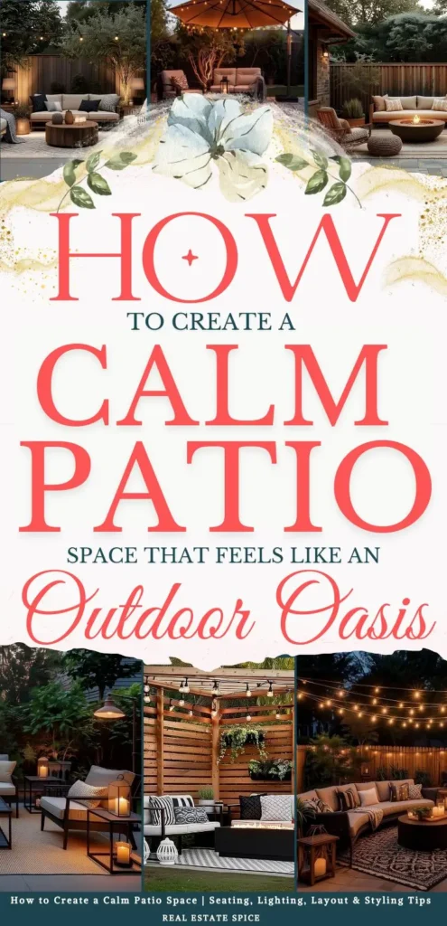 says how to create a calm patio space that feels like an outdoor oasis with 6 photos of patios below says How to Create a Calm Patio Space Seating, Lighting, Layout & Styling Tips