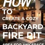 says how to create a cozy backyard fire pit area for any space with a photo of a backyard with a fire pit