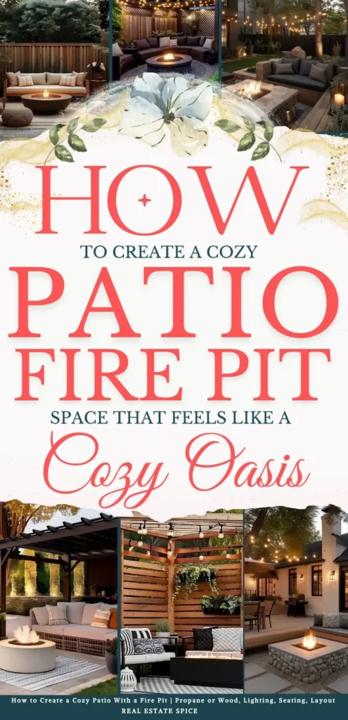 says how to create a cozy fire pit space that feels like a cozy oasis with 6 photos of patios with fire pits below says How to Create a Cozy Patio With a Fire Pit | Propane or Wood, Lighting, Seating, Layout