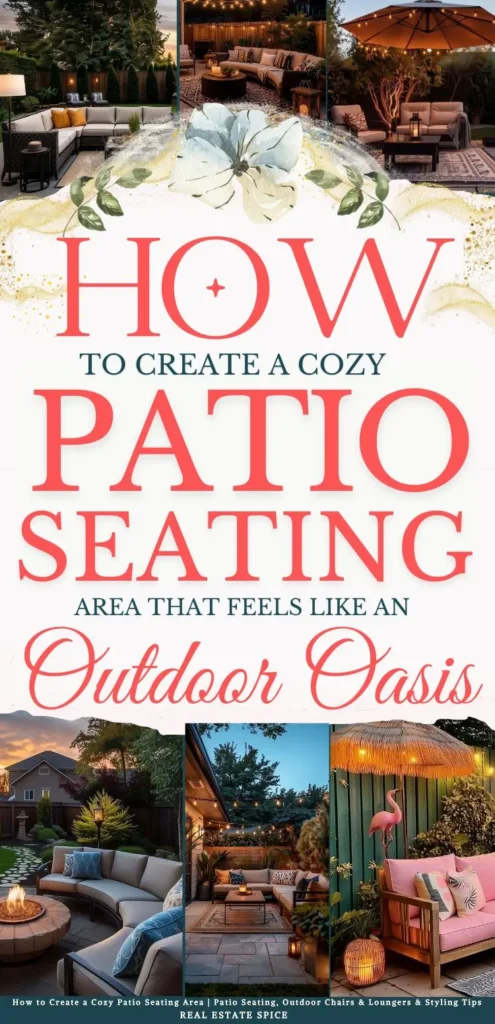 says how to create a cozy patio seating area that feels like an outdoor oasis with 6 photos of patios with seating below says How to Create a Cozy Patio Seating Area | Patio Seating, Outdoor Chairs & Loungers & Styling Tips