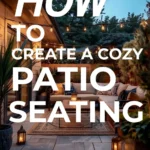 says how to create a cozy patio seating space with styling tips with a photo of a patio in the evening
