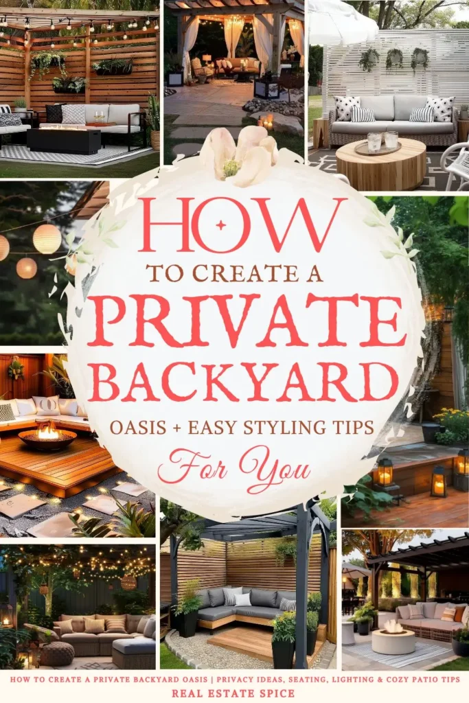 says how to create a private backyard oasis plus easy styling tips for you with 9 photos of backyards below says How to Create a Private Backyard Oasis | Privacy Ideas, Seating, Lighting & Cozy Patio Tips