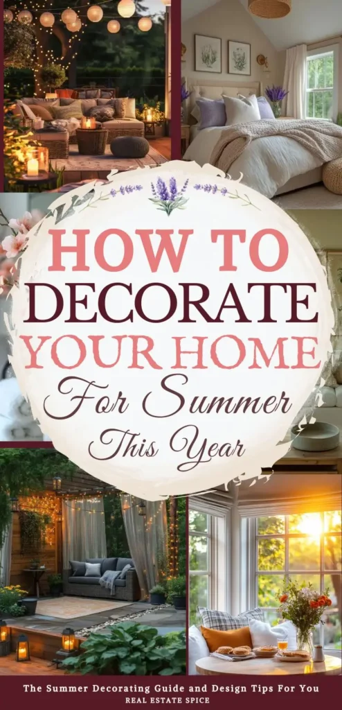 says how to decorate your home for summer this year with 4 photos of homes with summer decorations and styling patio porch bedroom living room below says the summer decorating guide and design tips for you