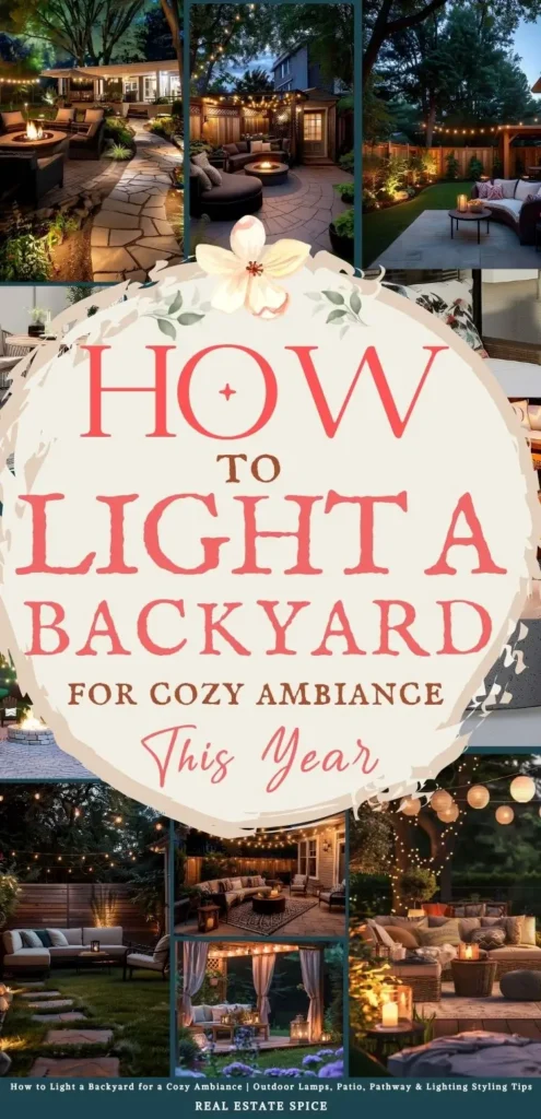 says how to light a backyard for cozy ambiance this year with 7 photos of backyards with lighting below says How to Light a Backyard for a Cozy Ambiance | Outdoor Lamps, Patio, Pathway & Lighting Styling Tips