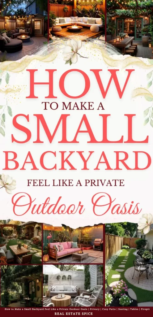 says how to make a small backyard feel like a private outdoor oasis with 8 photos of small backyards below says How to Make a Small Backyard Feel Like a Private Outdoor Oasis | Privacy | Cozy Patio | Seating | Tables | Firepit