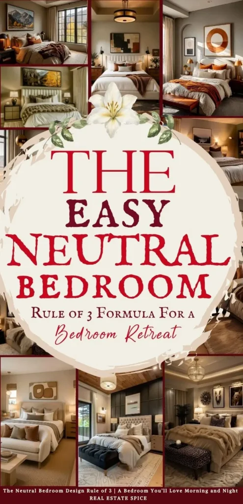 says the easy neutral bedroom rule of 3 formula for a bedroom retreat with 7 photos of neutral bedrooms below says The Neutral Bedroom Design Rule of 3 | A Bedroom You’ll Love Morning and Night