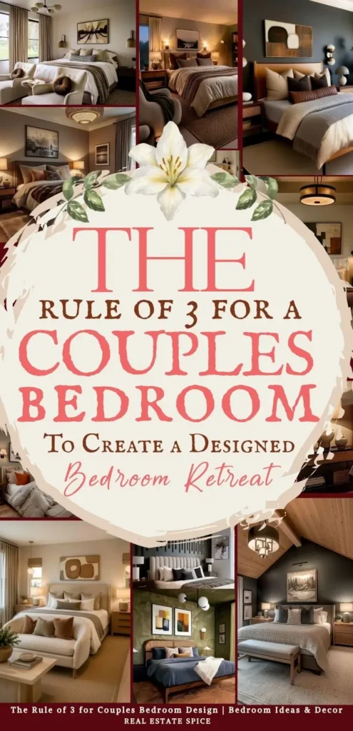 says the rule of 3 for a couples bedroom to create a designed bedroom retreat with 6 photos of couples bedrooms below says The Rule of 3 for Couples Bedroom Design Bedroom Ideas & Decor