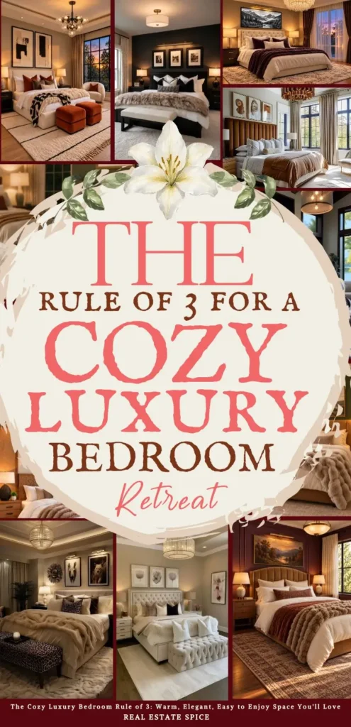 says the rule of 3 for a cozy luxury bedroom retreat with 8 photos of cozy luxury bedrooms below says The Cozy Luxury Bedroom Rule of 3: Warm, Elegant, Easy to Enjoy Space You'll Love