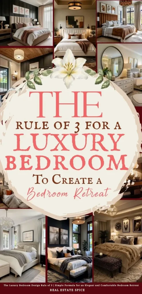 says the rule of 3 for a luxury bedroom to create a bedroom retreat with 7 photos of luxury bedrooms below says The Luxury Bedroom Design Rule of 3 | Simple Formula for an Elegant and Comfortable Bedroom Retreat