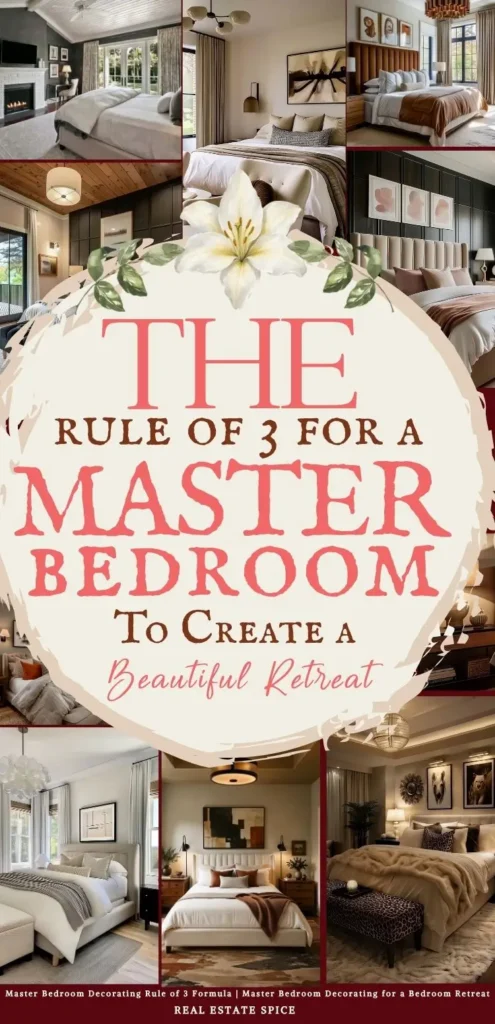 says the rule of 3 for a master bedroom to create a beautiful retreat with 7 photos of master bedrooms below says Master Bedroom Decorating Rule of 3 Formula | Master Bedroom Decorating for a Bedroom Retreat