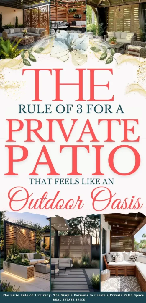 says the rule of 3 for a private patio that feels like an outdoor oasis with 6 photos of patios with privacy ideas below says The Patio Rule of 3 Privacy: The Simple Formula to Create a Private Patio Space