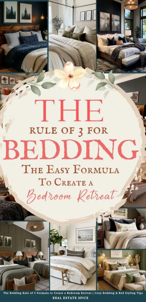 says the rule of 3 for bedding the easy formula to create a bedroom retreat with 7 photos of bedding in bedrooms below says The Bedding Rule of 3 Formula to Create a Bedroom Retreat | Cozy Bedding & Bed Styling Tips