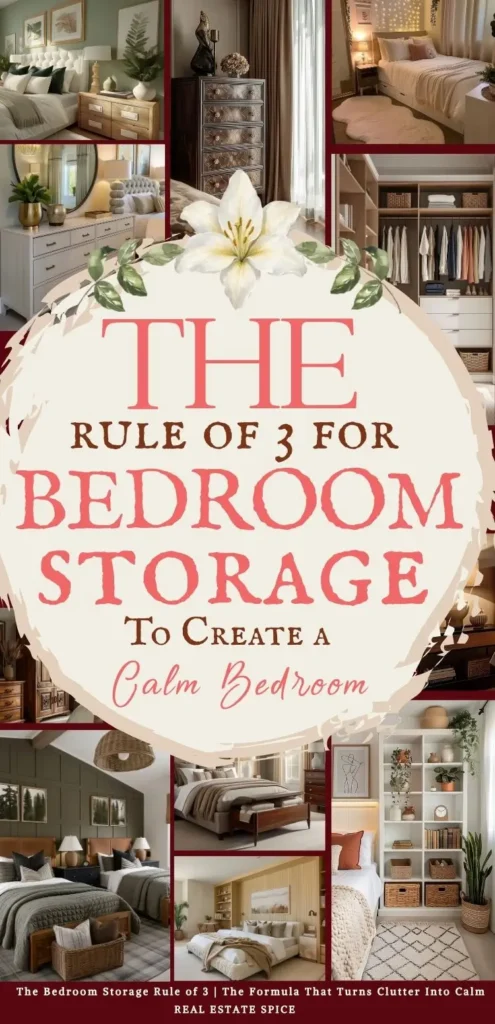 says the rule of 3 for bedroom storage to create a calm bedroom with 9 photos of bedrooms with storage and bedroom organization below says The Bedroom Storage Rule of 3 | The Formula That Turns Clutter Into Calm