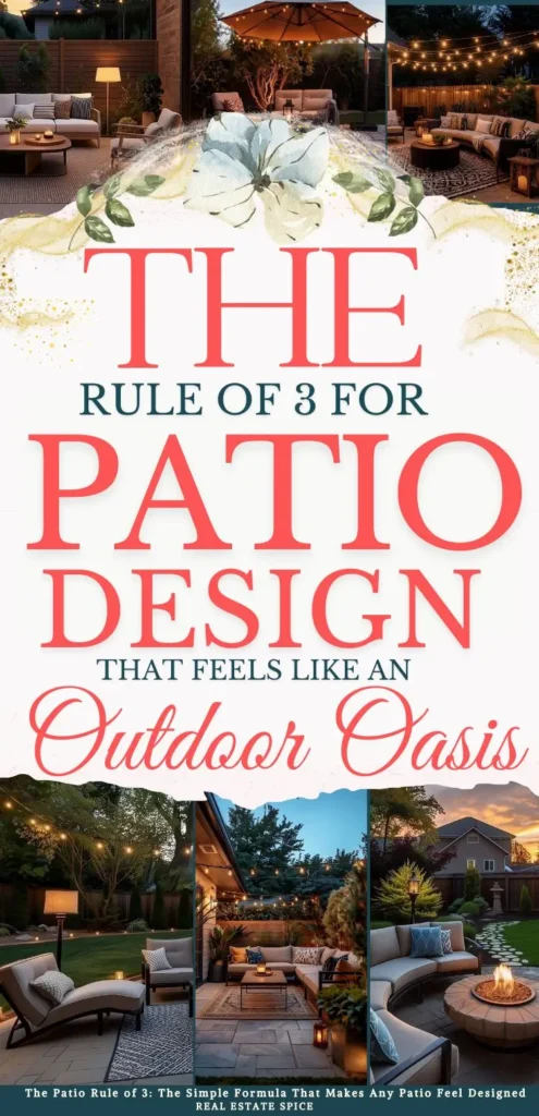 says the rule of 3 for patio design that feels like an outdoor oasis with 6 photos of outdoor patios below says The Patio Rule of 3 The Simple Formula That Makes Any Patio Feel Designed
