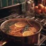 simmering pot of orange slices cinnamon sticks and rosemary