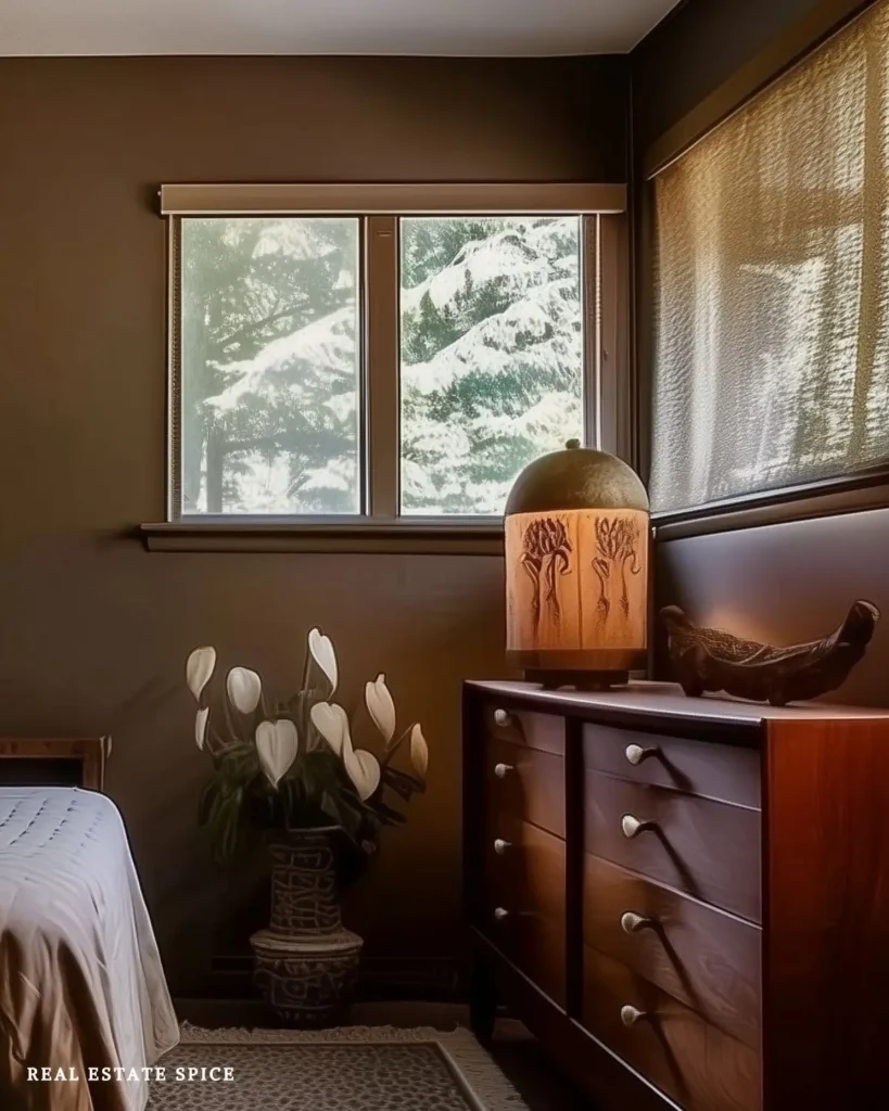 slim dresser under window in small bedroom