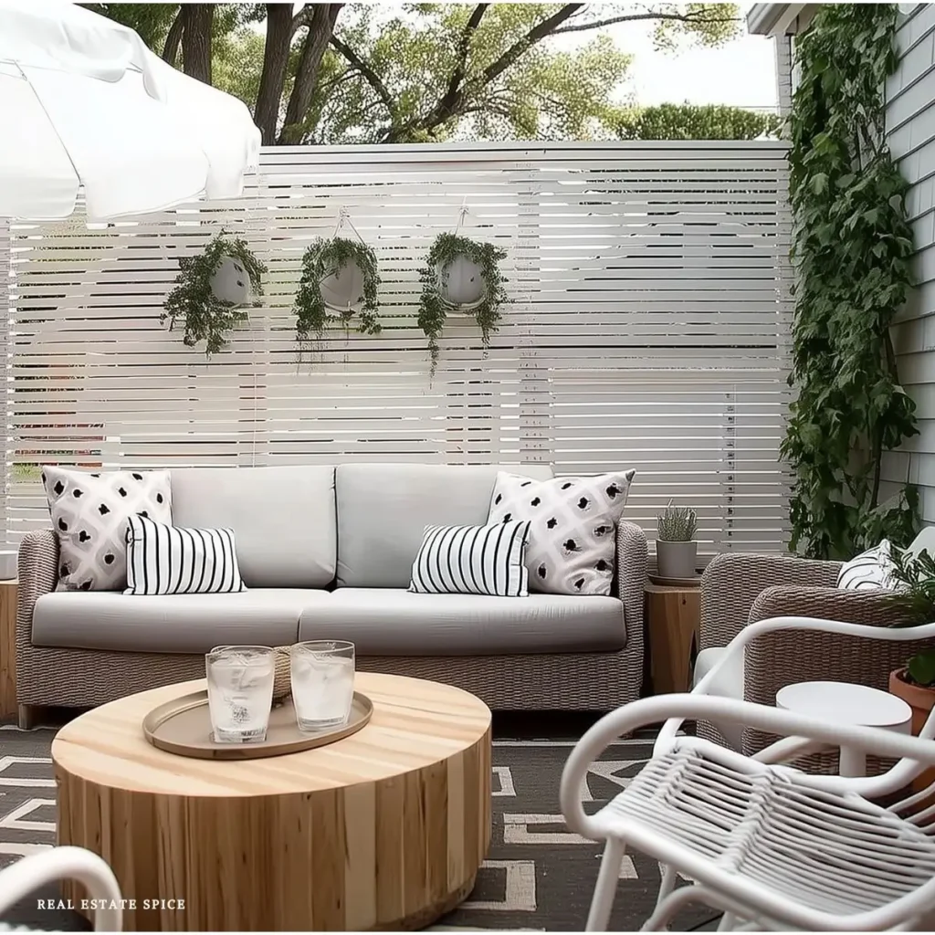 small backyard area with white painted chairs and refinished outdoor table