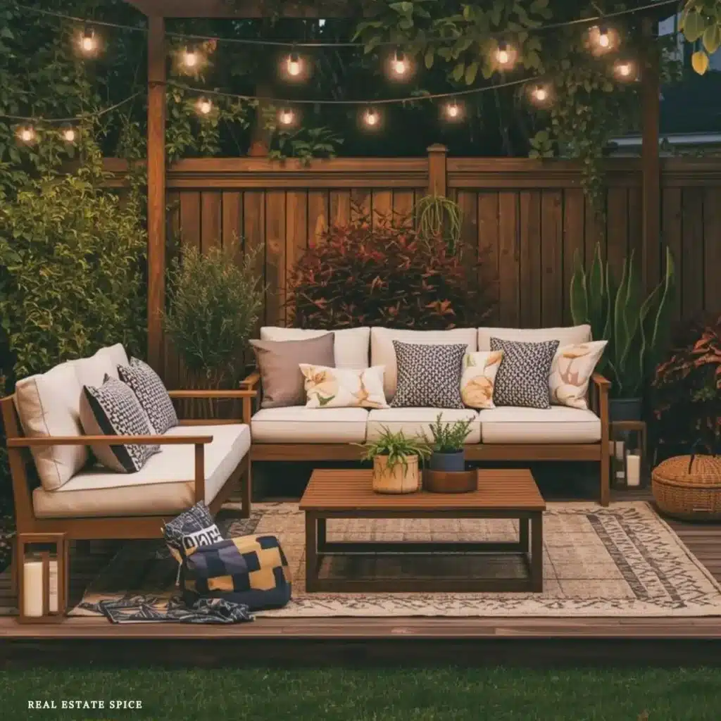 small backyard area with wood accents outdoor light brown rug