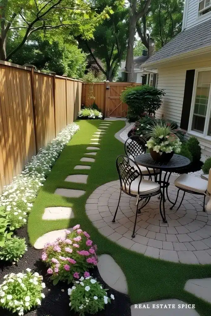 small backyard design with garden landscaping and small table with chairs