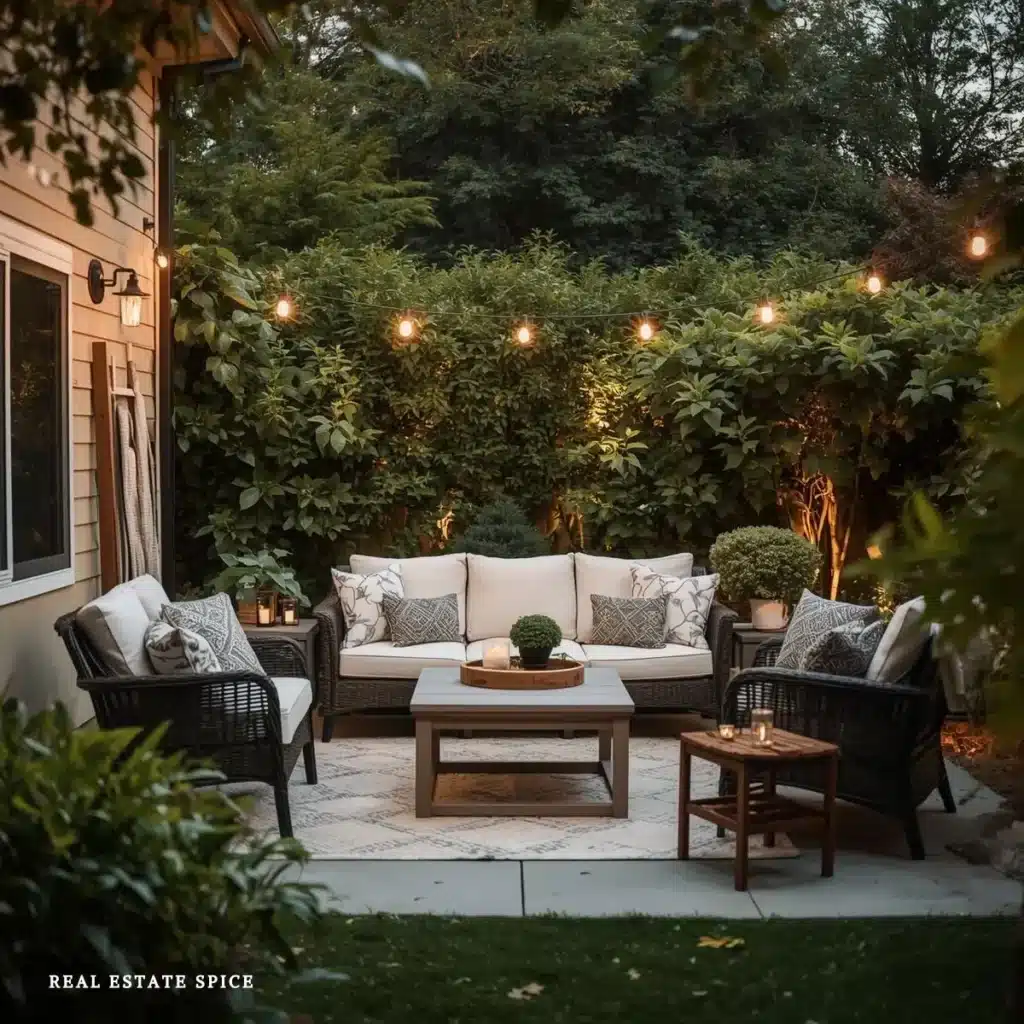 small backyard patio with outdoor chairs sofa string lights side table outdoor coffee table