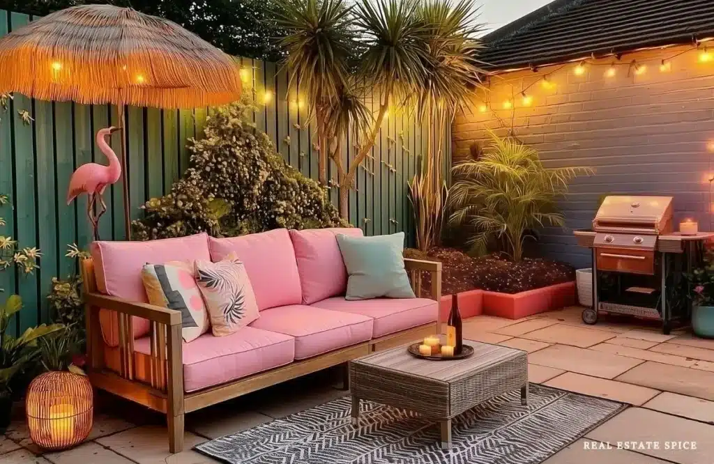 small backyard patio with outdoor sofa table and outdoor rug