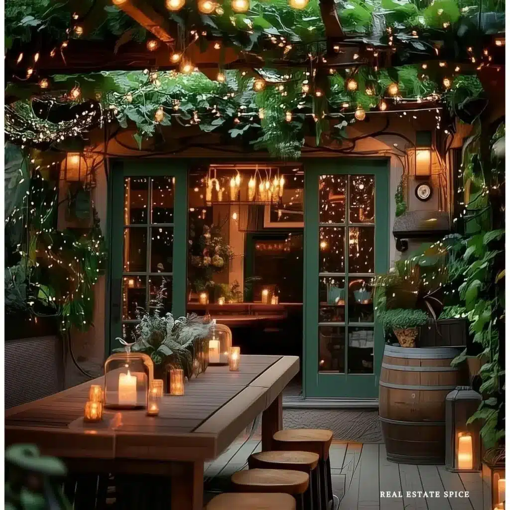 small backyard patio with table string lights candles lanterns and greenery climbing vines