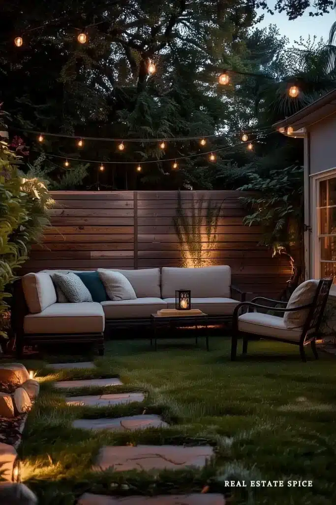 small backyard with garden lights string lights lantern