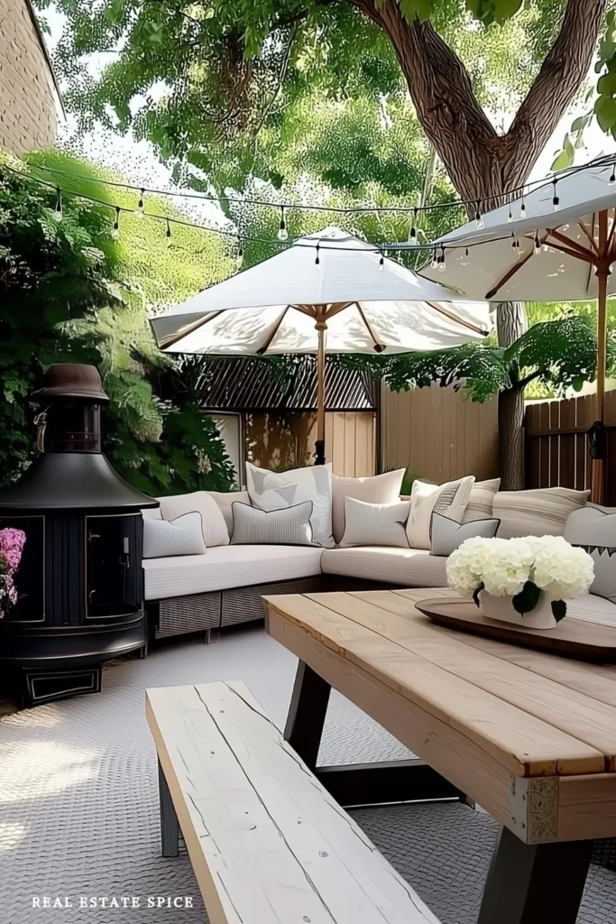 small backyard with lounge sofa picnic bench and outdoor fire pit with string bulb lights above and patio umbrellas