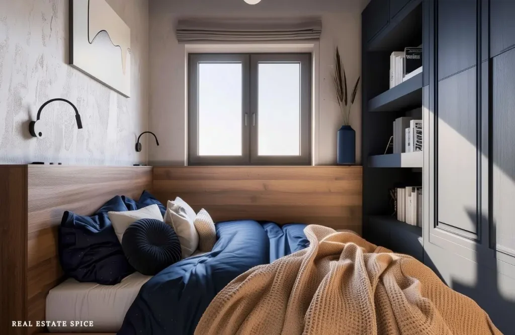 Small bedroom with wall-mounted reading lights and tall built-in storage beside the bed