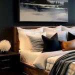 small bedroom with dark accent colors