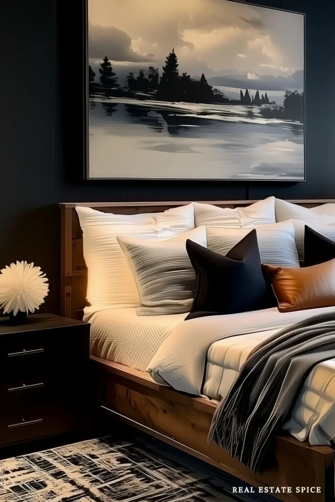 small bedroom with dark accent colors